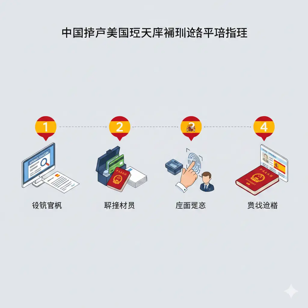 一张清晰的申请步骤流程图,采用等距视角(Isometric)设计。画面中按顺序排列着1-2-3-4的数字气泡,分别对应注册官网、准备材料、现场递交和获取签证。图中包含放大镜观察申请表、公文包放置护照、指纹录入仪等图标元素。色调以西班牙国旗的红黄两色为点缀,整体背景为纯净的浅灰色,展现出极强的指引性和条理性。
