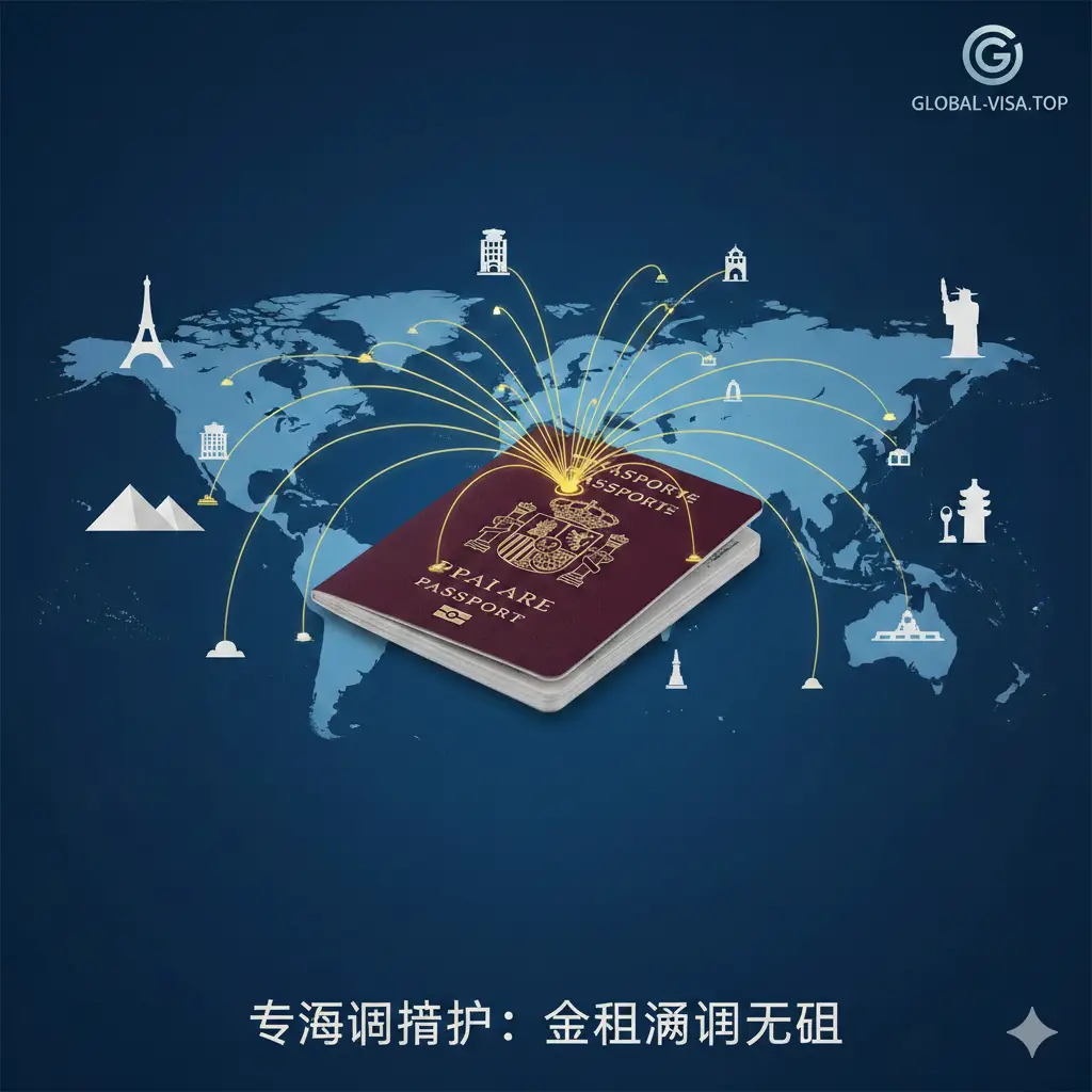 一张展示西班牙护照全球通行功能的创意概念图。画面中，西班牙护照放置在极简主义风格的世界地图上，多条发光的金色线条从马德里射向全球各大洲。周围散落着一些标志性建筑的极简图标，如埃菲尔铁塔、自由女神像。色调以科技蓝与西班牙红金交织，体现出全球免签自由的功能特性。