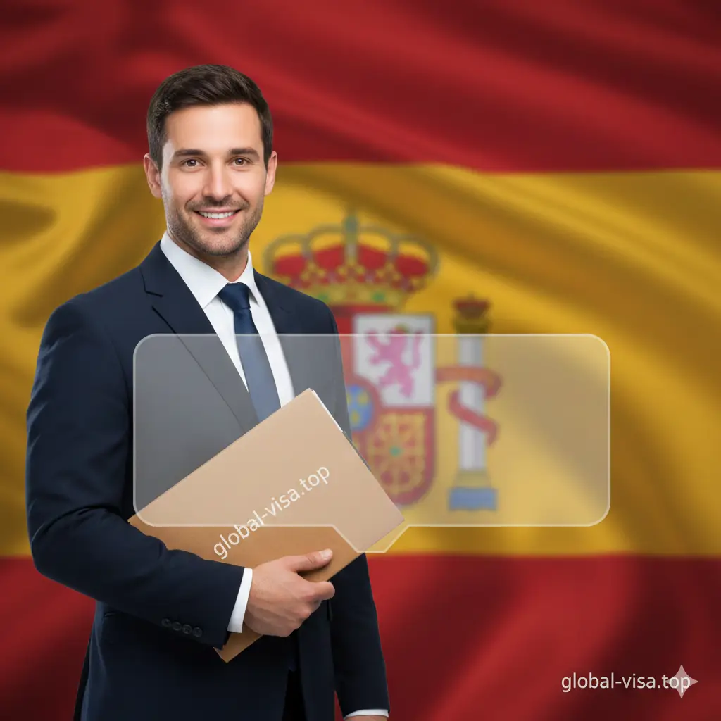 一张富有总结性和号召力的结尾图。画面内容为一名自信的专业移民律师拿着一份标有global-visa.top标识的文件袋，背景是模糊的西班牙国旗。画面中央叠加了一个半透明的磨砂玻璃风格对话框，暗示专业咨询与定制化方案。色调深沉稳重，构图稳固，给予读者最后的一击信心和品牌信任感。