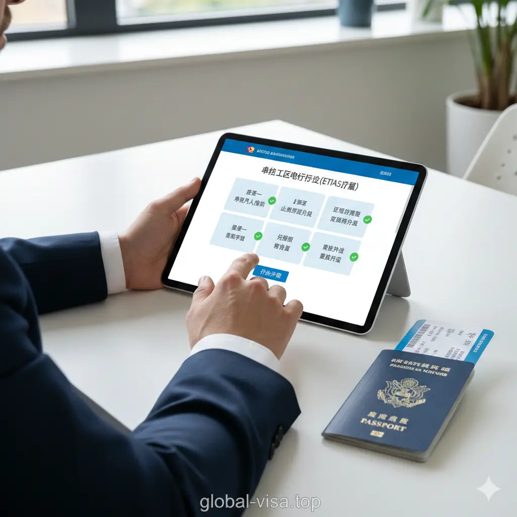 一张具有指导意义的教程插图。画面展示一名商务人士正在整洁的办公桌前使用平板电脑申请ETIAS电子许可，屏幕上清晰显示出在线登记的简化流程界面。背景中包含圣基茨护照和一张前往欧洲的登机牌，色彩明亮自然，构图聚焦于操作细节，体现出2025年最新入境政策的易操作性和清晰指引。