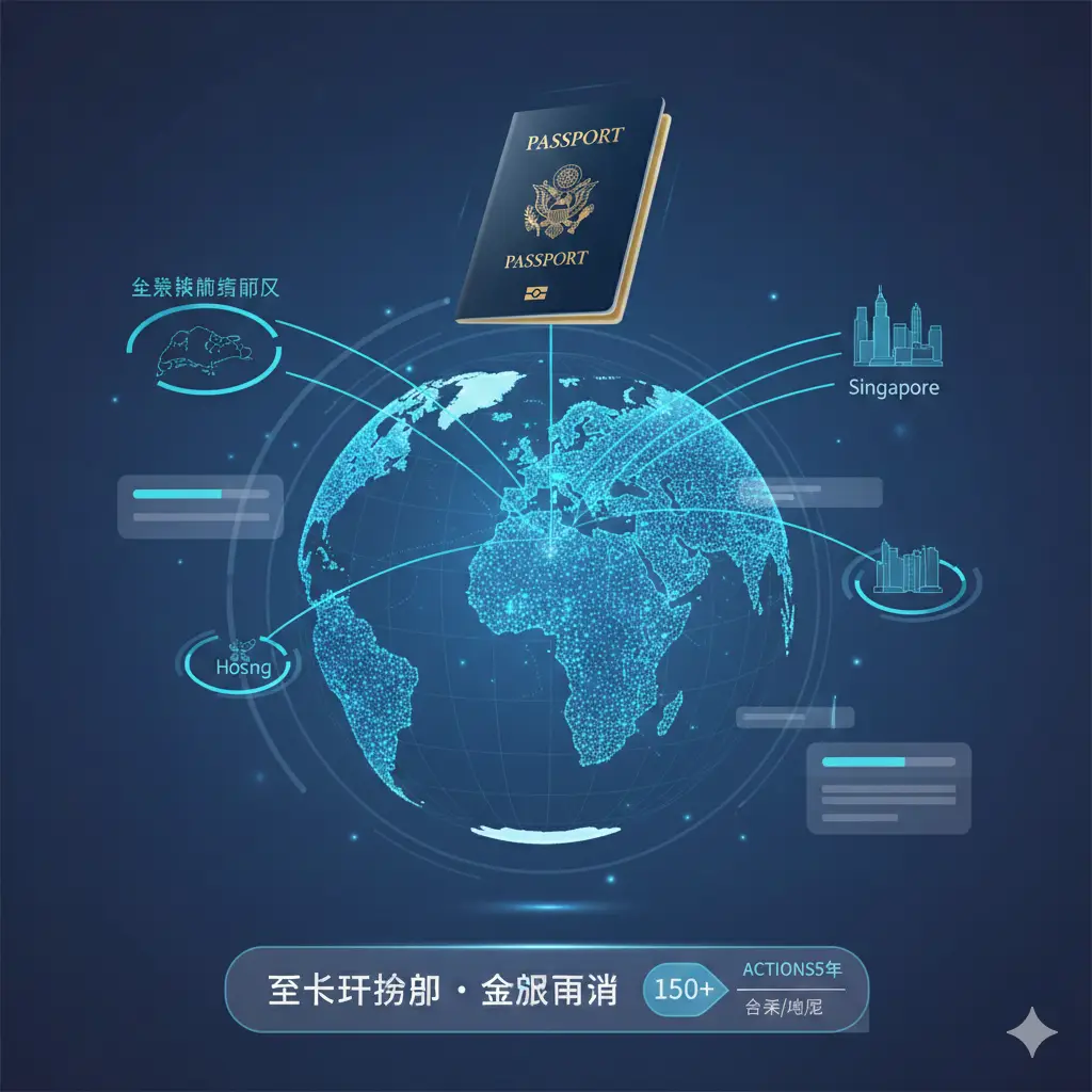 一张展示全球出行功能的示意图。画面呈现一个充满现代科技感的3D数字地球模型，圣基茨护照作为核心元素悬浮在地球上方，放射出多条明亮的连线指向欧洲申根区、新加坡、香港等热门目的地。图片采用冷色调背景，结合扁平化UI设计元素，强调护照在2025年通行全球150多个国家的强大功能。