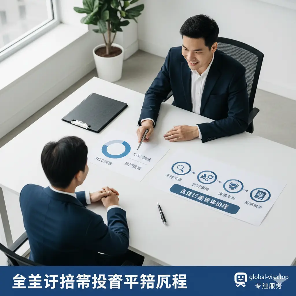 以清晰的步骤教程为视觉重点。采用现代扁平化商业风格，画面展示一名专业顾问在整洁的办公桌前与客户沟通，桌面摆放着文件夹、签字笔和标注着SISC捐款与房产投资的图表。构图采用俯视视角，色彩明亮干净，元素包含文件审核、尽职调查等流程图标，体现global-visa.top的专业性。