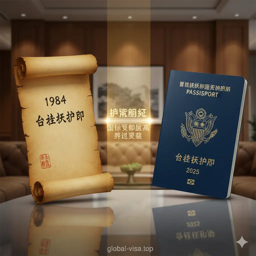 一张强调品牌与行业地位的优势对比图。画面采用对比构图，左侧是象征圣基茨护照悠久历史的1984年复古卷轴，右侧是代表现代顶级身份的2025年生物识别护照。背景融合了高端商务休息室的质感，色调温暖且富有信任感，视觉上突出圣基茨作为护照‘鼻祖’在国际认可度和背调严苛性上的领先地位。