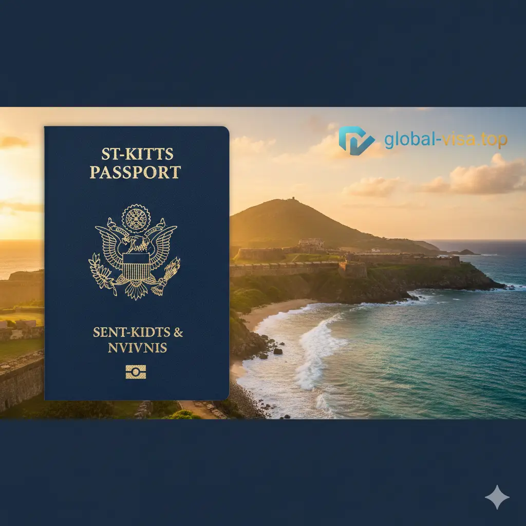 一张极具高级感的封面图，左侧放置一本深蓝色的圣基茨和尼维斯护照封面，金色国徽纹理清晰可见。背景是圣基茨著名的硫磺石山要塞和碧蓝的加勒比海岸线，光线采用温暖的金色夕阳。整体构图大气，留白处隐约可见global-visa.top的渐变标志，视觉中心突出，色调以海蓝色和商务金为主。