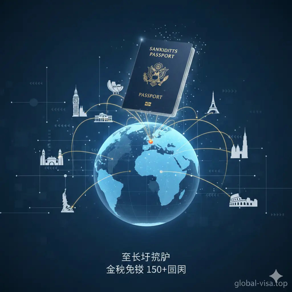 展示全球通行的功能特性。画面中央是一个半透明的地球仪，多条金色航线连接圣基茨与伦敦大本钟、巴黎埃菲尔铁塔、新加坡鱼尾狮等国际地标。圣基茨护照悬浮在地球上方，光影交错。风格现代且充满科技感，色调采用深邃的商务蓝与明亮的白色，传达免签150多国的核心功能。