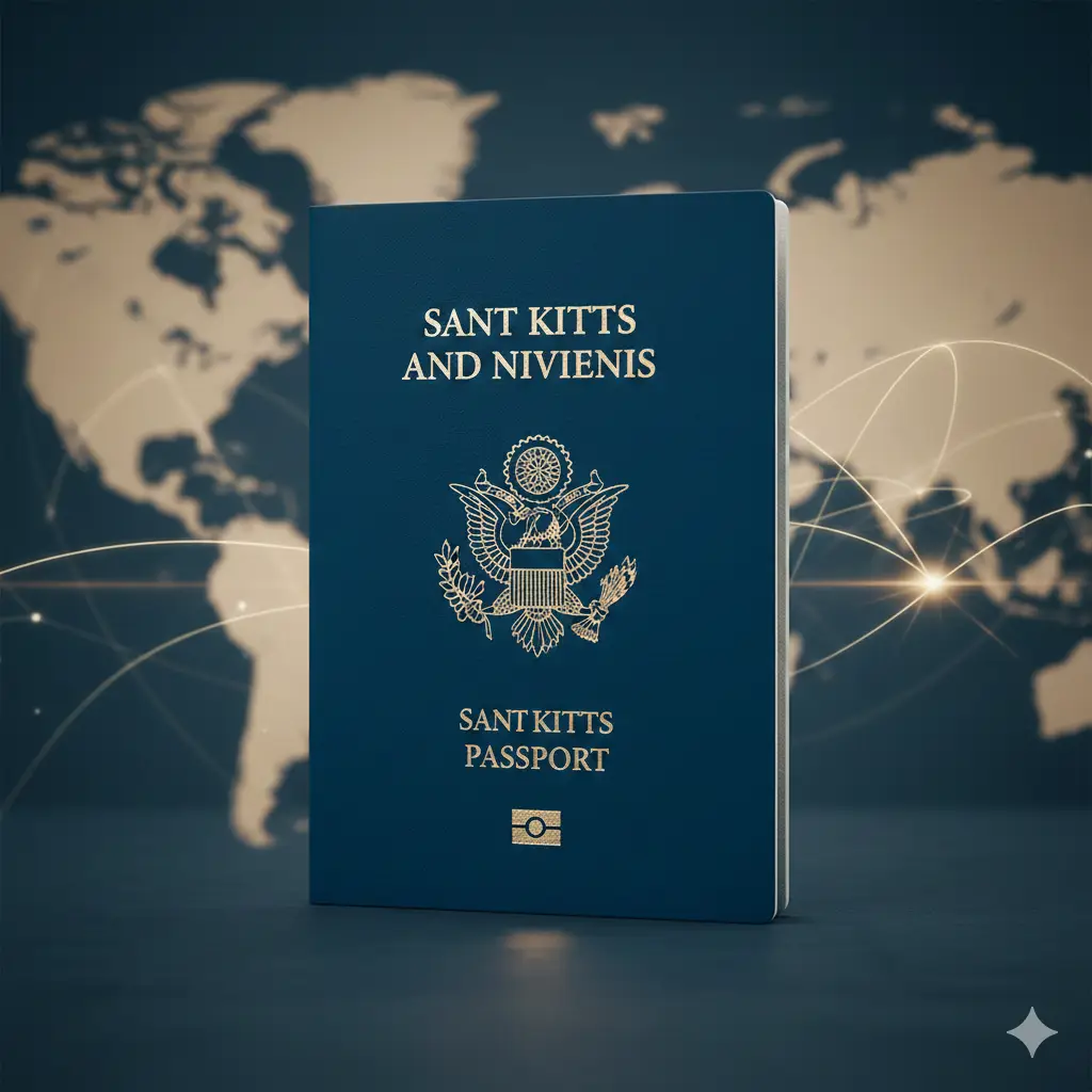 一张极具商务质感的封面图。中心位置是一本深蓝色的圣基茨和尼维斯护照，护照封面上的金色国徽在柔和的自然光下熠熠生辉。背景是模糊的世界地图轮廓，点缀着代表全球互通的微光线条。色彩基调以尊贵的深蓝色和香槟金为主，构图采用黄金分割比例，营造出高端、权威的国际身份感。