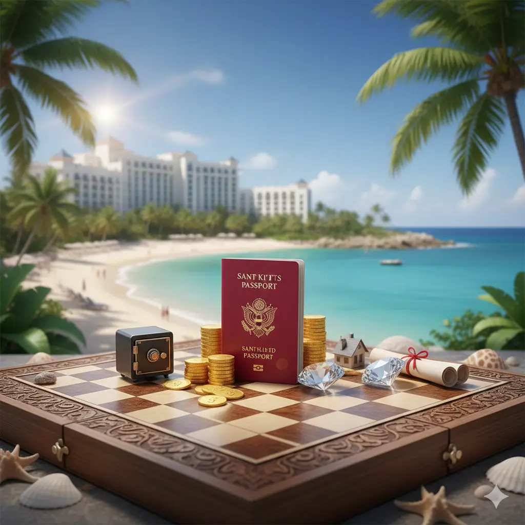 突出税务天堂与财富保值的优势。背景是加勒比海滩上的豪华度假酒店与棕榈树，前景是一个精美的国际象棋棋盘，护照像是一枚‘王’保护着金币和资产模型。色彩采用明快的度假风格，饱和度较高，象征无个人所得税、无遗产税的宽松环境，整体画面传达出安全、私密且自由的氛围。