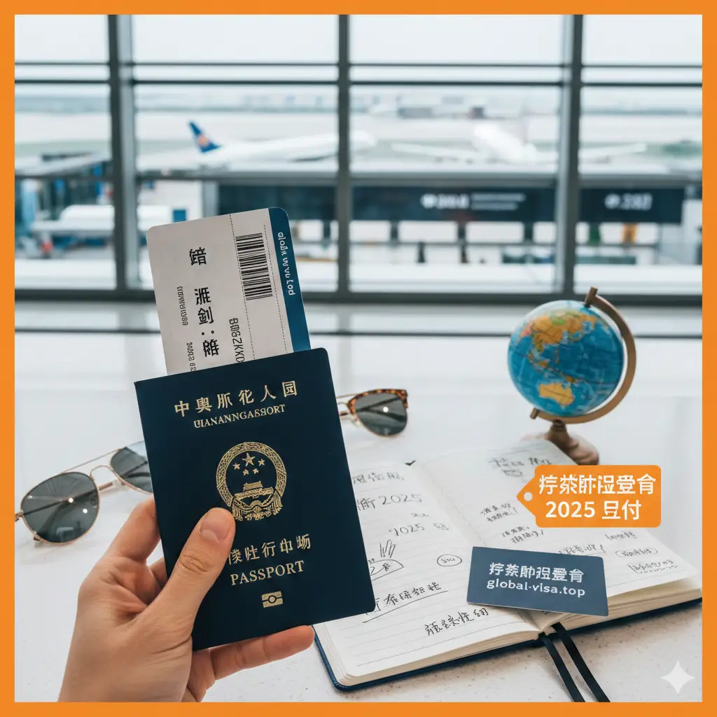 一张充满生活气息和旅行灵感的俯拍（Flat lay）摄影图。在模糊的机场候机大厅背景下，前景清晰展示一只手拿着崭新的中国护照，护照夹着一张登机牌。周围散落着墨镜、一个微型地球仪和一本旅行手账。光线明亮通透，色彩鲜艳，传达出'费用已付，证件到手，即刻出发'的积极情绪，作为文章结尾激发用户的行动力。
