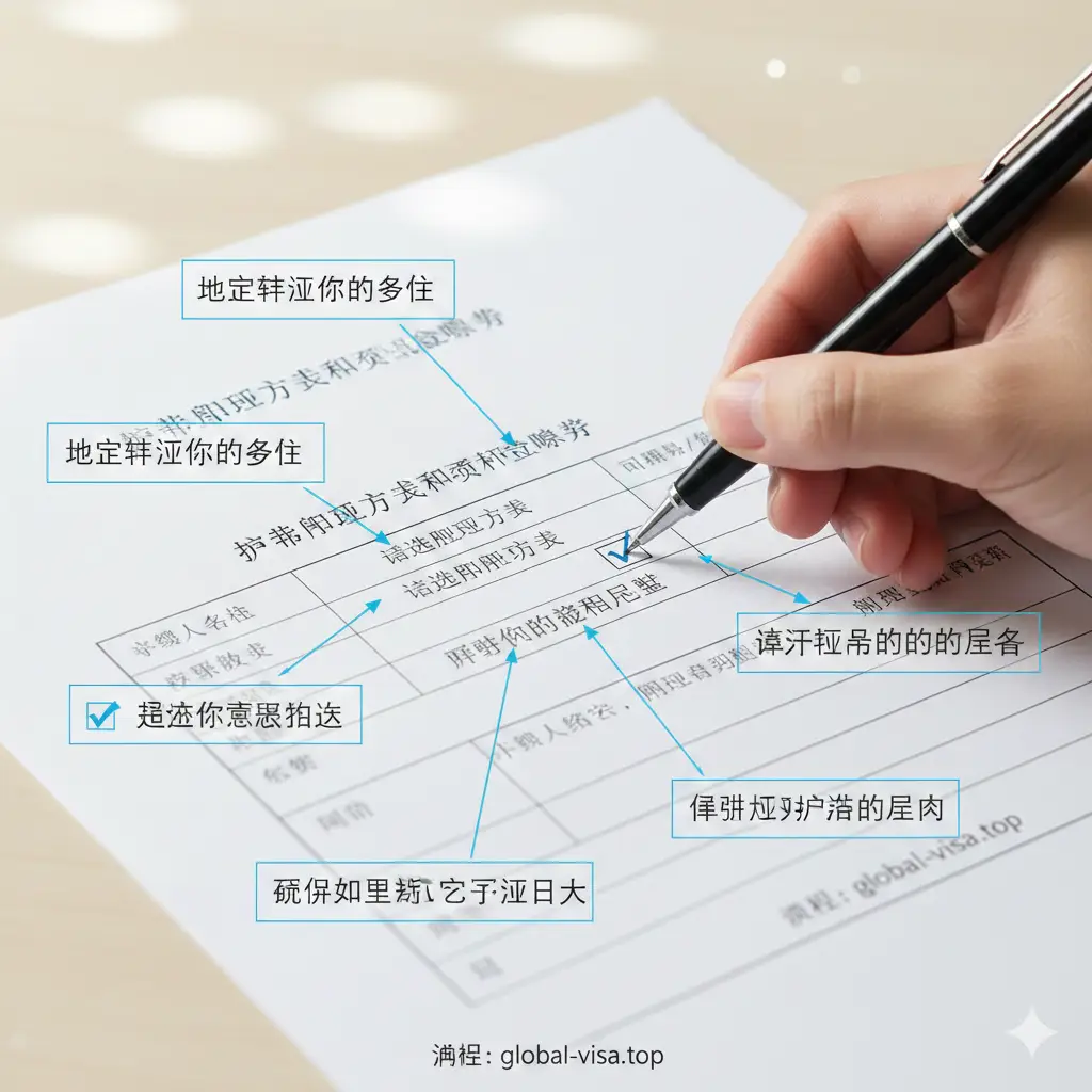 一张清晰直观的填写教程示意图。画面展示了一只手正在认真填写声明书的特写，笔尖精准指向‘勾选办理方式’栏目。周围漂浮着简洁的标注框，分别指向姓名、订单号、办理理由等关键区域。色彩明亮清晰，背景去杂质化，采用斜侧方微距拍摄视角，旨在通过视觉引导让用户一眼看懂复杂的表格填写规范，降低操作难度。