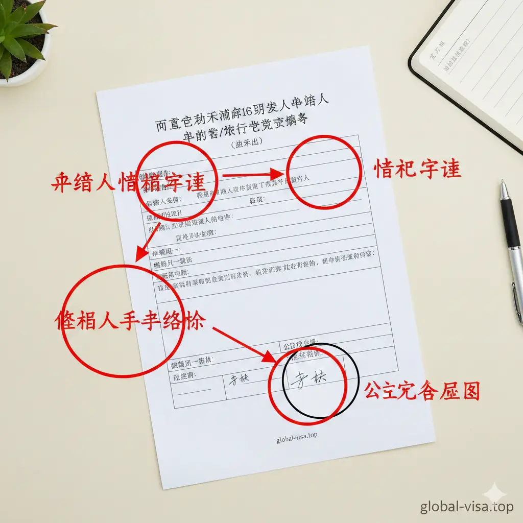 一张保姆级教程示意图。画面主体是一份《同意为未满16周岁申请人申办护照/旅行证声明书》的模拟样张，背景是简洁的办公桌面。图片上使用醒目的红色圆圈和箭头标注出‘申请人信息’、‘监护人签名’和‘公证处盖章’等重点区域。构图采用俯视视角，配有放大镜效果展示手写签名的细节，确保用户能直观理解每一个填写步骤。