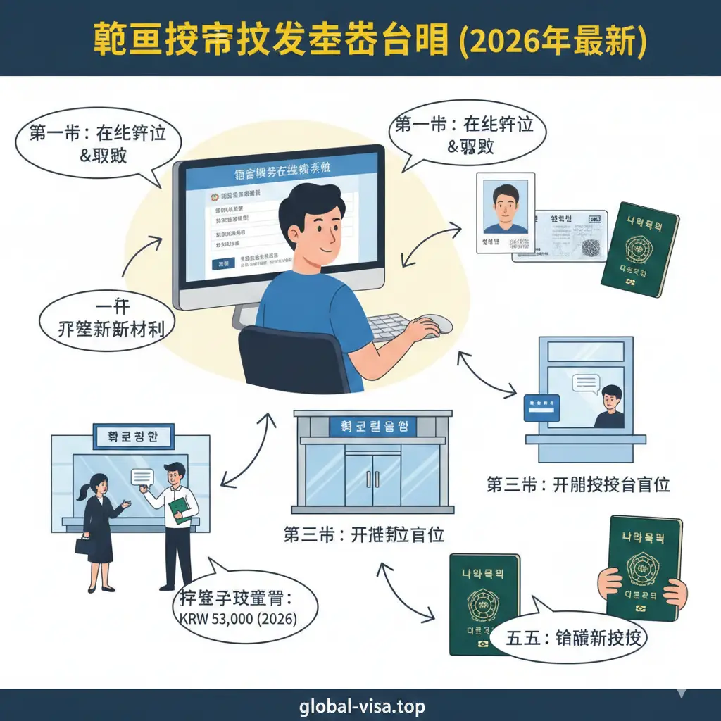 一张清晰的流程引导示意图。画面展示一名用户正在使用电脑登录领事服务网站，屏幕上显示申请表单，旁边整齐摆放着办理护照所需的材料：符合标准的白底照片、身份证件和旧护照。图中加入指示性箭头，通过插画结合实物摄影的风格，生动展示从在线预约到线下缴费领取护照的完整流程，色调明亮、易于理解。