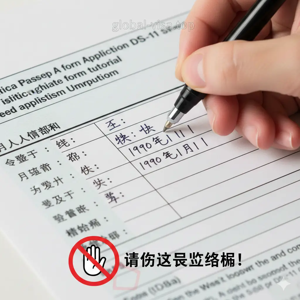 一张高分辨率的微距摄影图，展示一只手正握着黑色水笔在填写DS-11表格的'Personal Information'（个人信息）部分。焦点清晰地落在填写姓名和出生日期的格子上，同时也捕捉到页面底部'Signature'（签名）区域被红色高亮标记或有一个'Stop'手势图标叠加，视觉上警示用户不要提前签名。整体画面干净整洁，纸张质感逼真，旨在指导用户注意细节和填写规范。