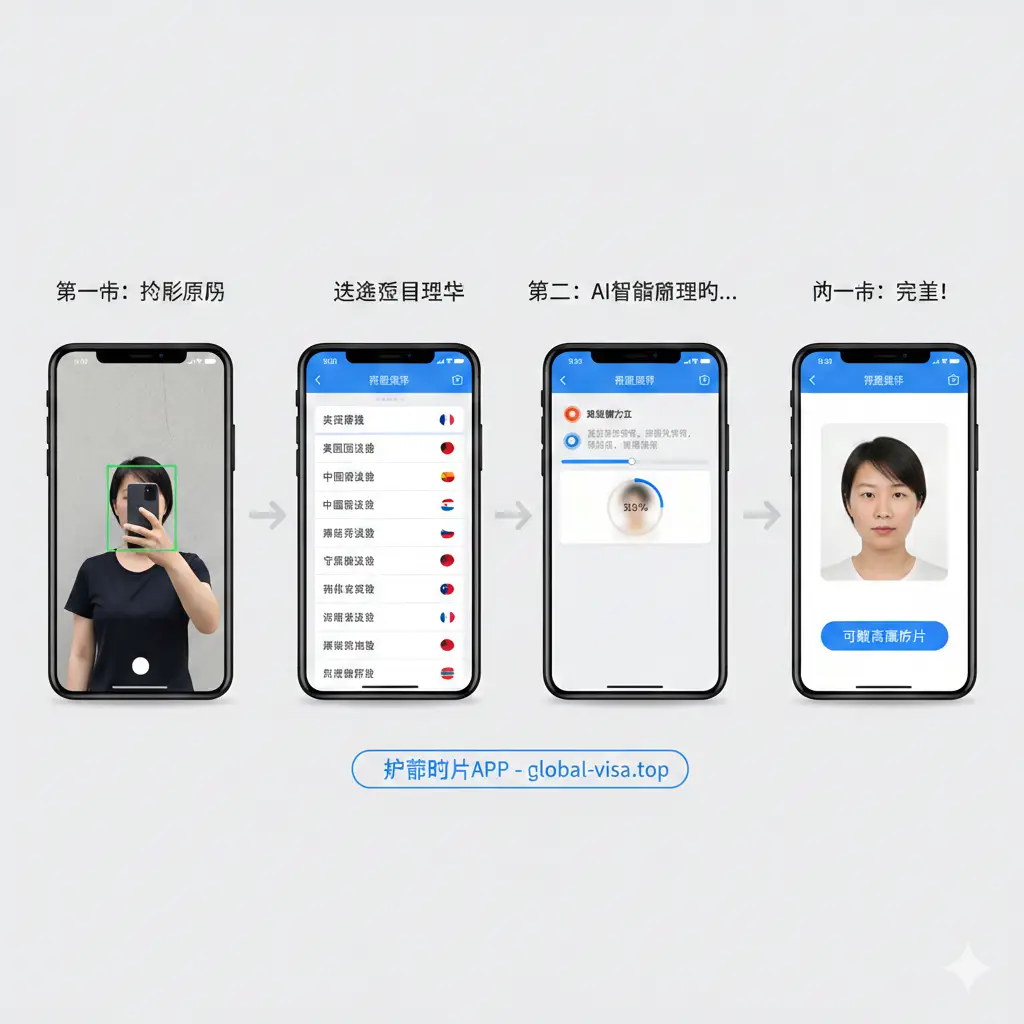 一张清晰的四步骤横向流程图。第一步：用户在光线充足的墙边拍摄；第二步：在下拉菜单中选择‘美国签证’或‘中国护照’等选项；第三步：系统展示AI正在处理、校正头部位置和光线的进度条；第四步：显示最终生成的完美证件照和下载按钮。整体风格干净利落，采用写实的人物操作手势结合直观的UI界面引导，让用户一眼看懂‘护照照片app’的操作流程。