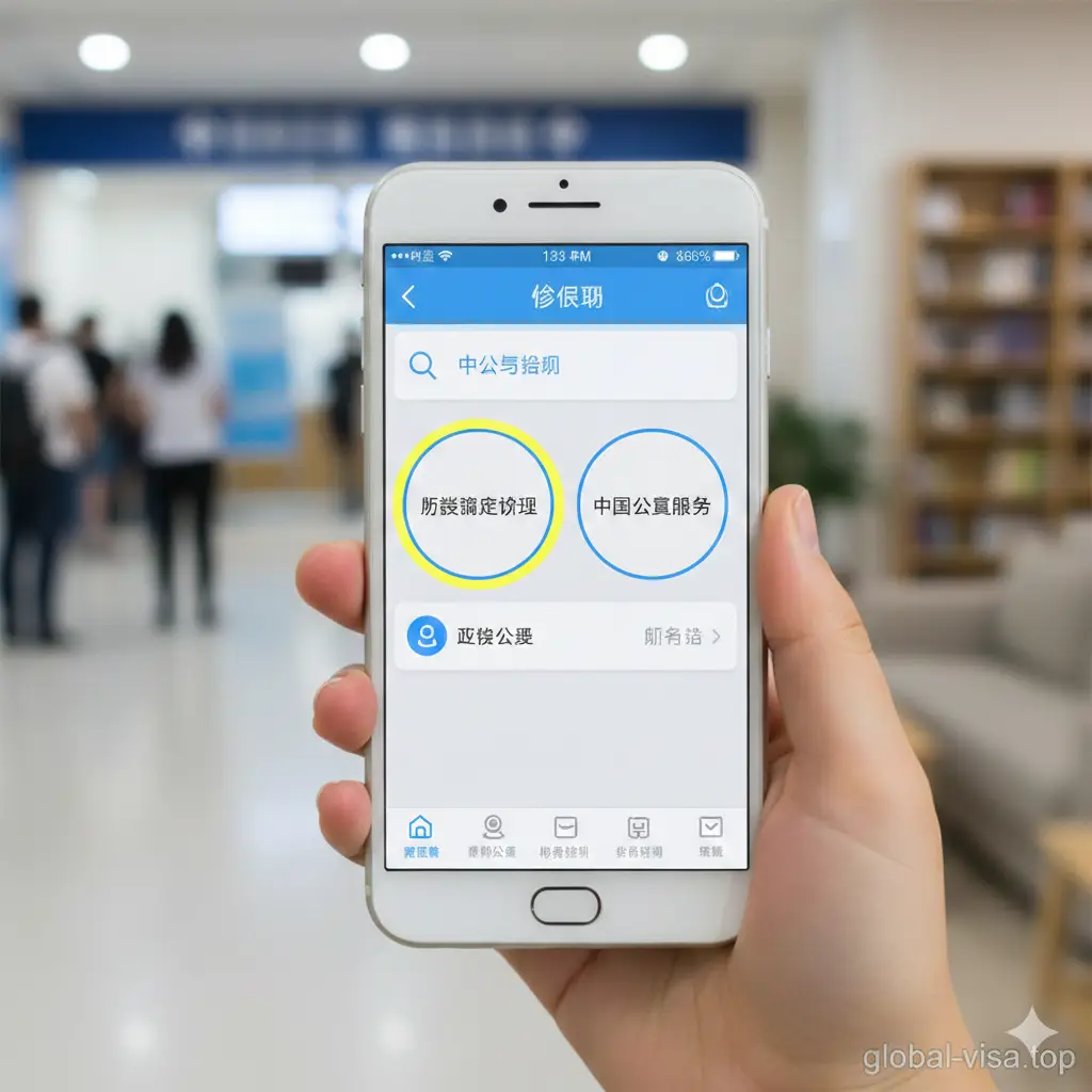 特写视角的实景摄影风格图片，展示用户在手机上操作小程序的具体步骤。画面聚焦于一只手拿着手机，屏幕画面模拟了微信小程序中点击‘办证进度查询’或‘中国公民服务’的关键瞬间，关键按钮进行高亮处理。