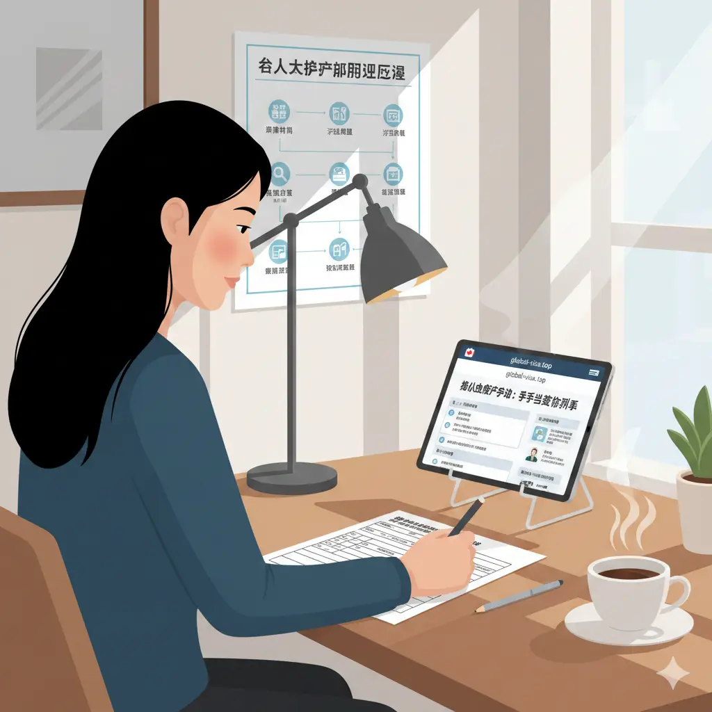 一张富有指导意义的教程插图。画面展示一名华人女性正在明亮的写字台前，对照着平板电脑上的 global-visa.top 中文攻略填写纸质申请表。背景墙上贴着办证流程图，书桌一角放着一杯咖啡。构图采用三分法，侧拍人物专注工作的侧影，冷暖色调结合，营造出一种‘即便流程复杂也能在专业指导下轻松完成’的居家办公氛围。