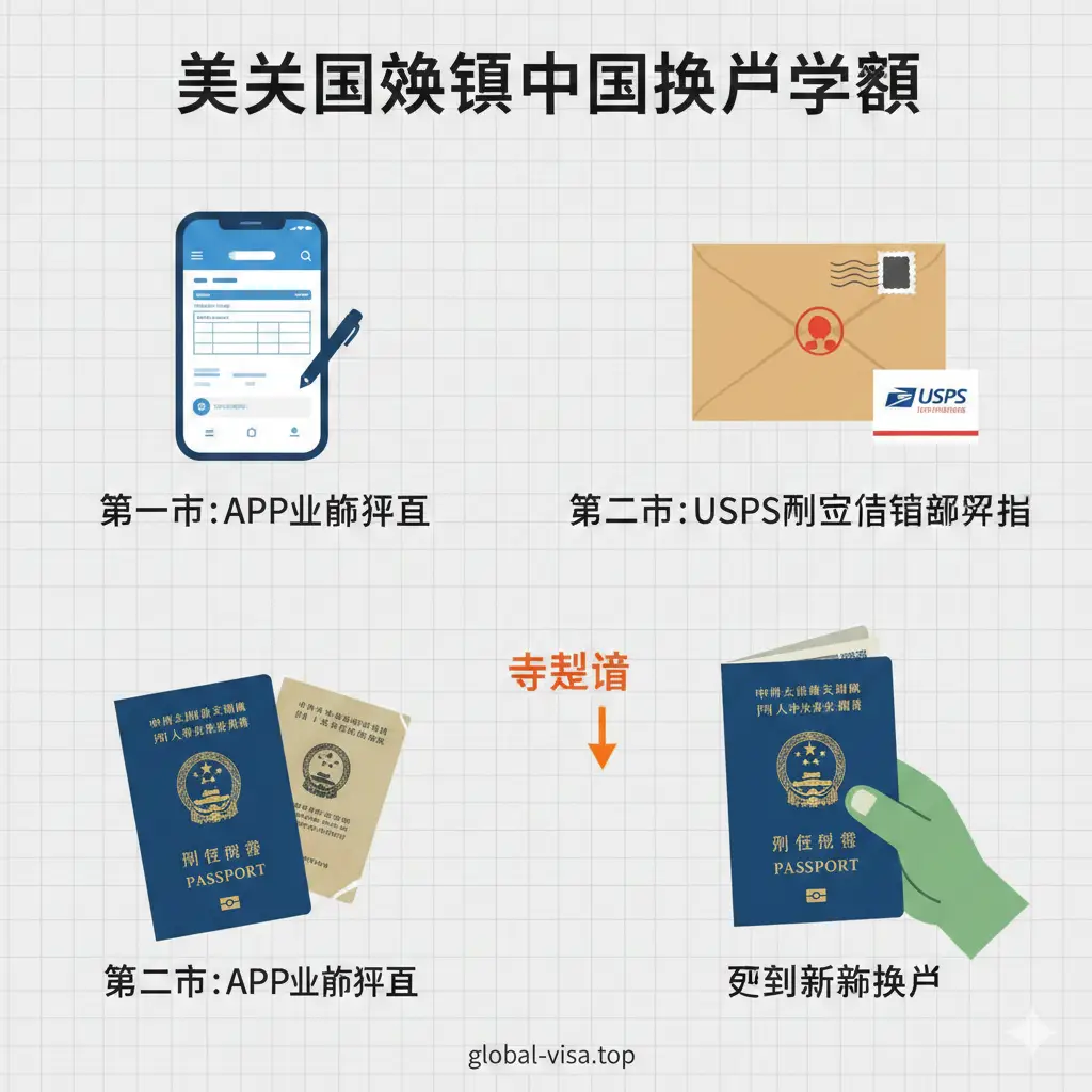 一张清晰的流程引导图，采用横向或Z字型构图展示换发护照的三个核心步骤：APP线上填表、USPS邮寄信封准备、以及收到新护照。每个步骤配有简洁的图标（如钢笔、邮戳、带有剪角的旧护照）。背景为淡灰色的格子纹理，排版整洁。图中特别标注出‘待制证’字样，帮助用户理解教程中的关键转折点，风格类似专业的信息图表，具有很强的教学性。