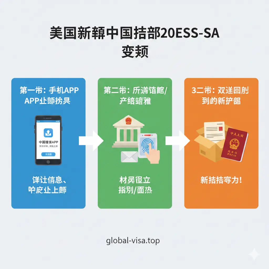 一张清晰的阶梯式教程示意图。画面通过扁平化插画形式展示三个关键阶段：1. 手机APP上传资料；2. 前往领馆录入指纹或申请豁免；3. 快递回邮收到新护照。每个阶段都有明确的指示箭头连接，色彩明快，分为蓝、绿、橙三个色区。画面中包含回邮信封、指纹扫描仪模型等元素，帮助读者快速理解‘保姆级’办理流程。