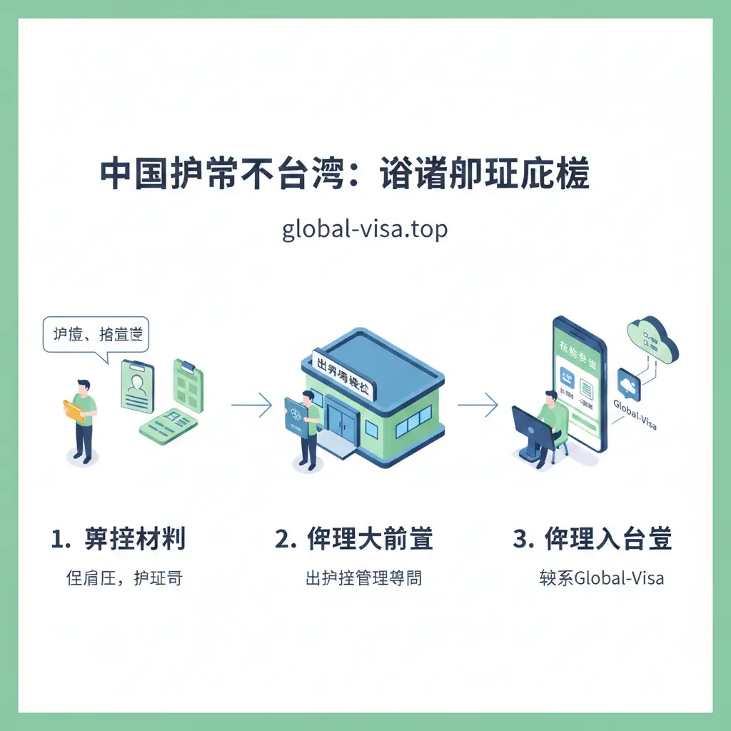 一张教程类流程图，采用等距视角（Isometric）设计。展示从‘准备身份证材料’到‘出入境大厅办理大通证’，再到‘在线联系Global-Visa办理入台证’的三个关键步骤。画面中包含简约的小人角色、手机申请界面和文件传输的矢量图标。主色调为清新绿色与专业蓝，流程连线清晰，指引感极强。