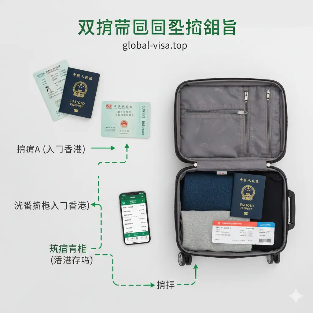 针对双护照回国实操教程的引导图。画面呈现一个整理好的高品质旅行箱，旁边散落着护照、港澳通行证、智能手机（显示航班信息）和机票。构图采用俯拍（Flat Lay）视角，光线明亮自然。色彩明快，利用绿色勾勒出安全的通行路径感，细节处展现出严谨的行程规划，如同一张清晰的路线指南图，降低读者的焦虑感。