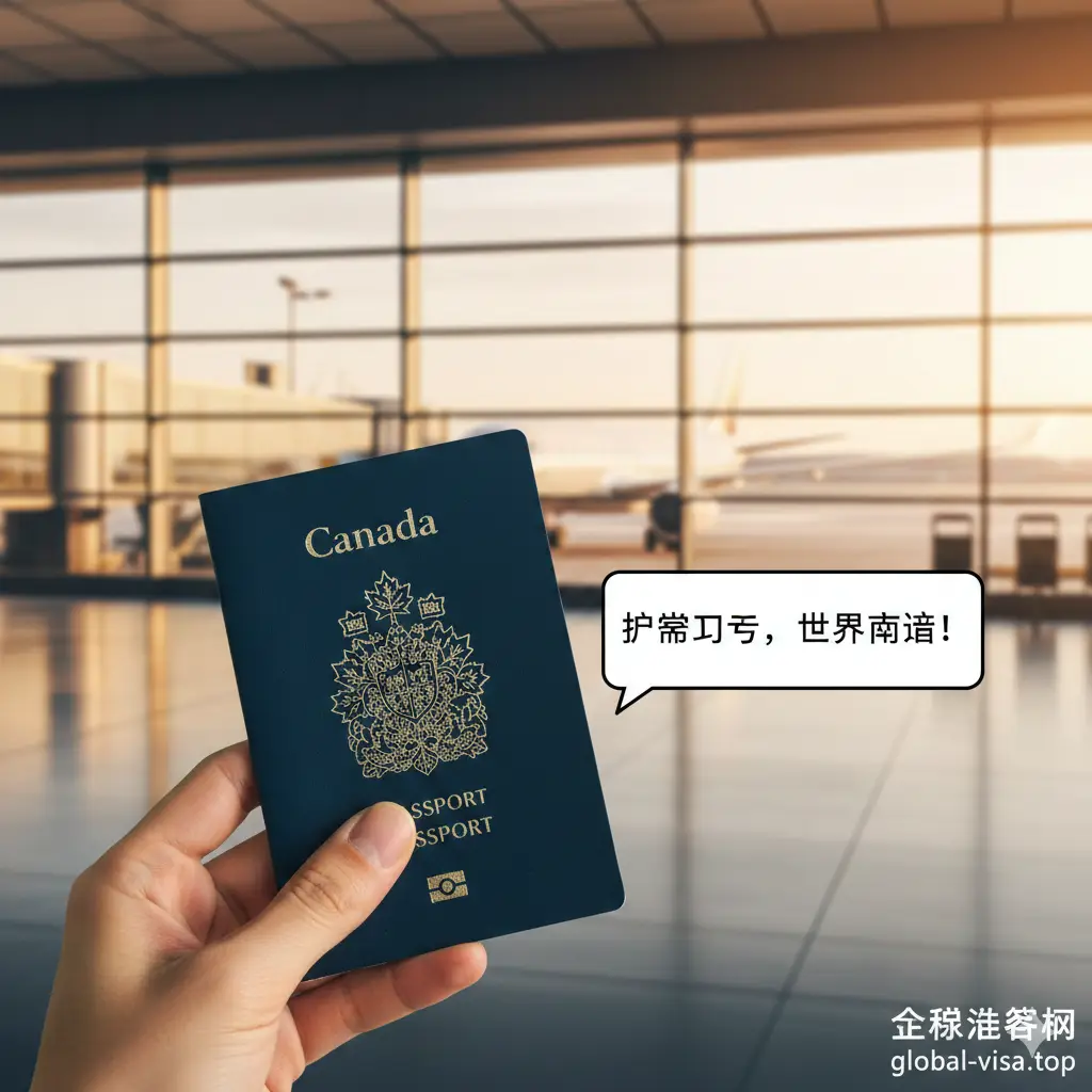 总结性视觉图片，展现申请成功后的喜悦。画面前景是一只手正拿着刚刚收到的崭新加拿大护照，背景是机场航站楼的模糊光影或一架正在起飞的客机。色彩明亮、充满饱和感，象征着旅程的开启。构图采用第一人称视角，增强代入感。画面右下角巧妙融入 global-visa.top 的官方网址文字，传达‘护照到手，世界通行’的最终成果。