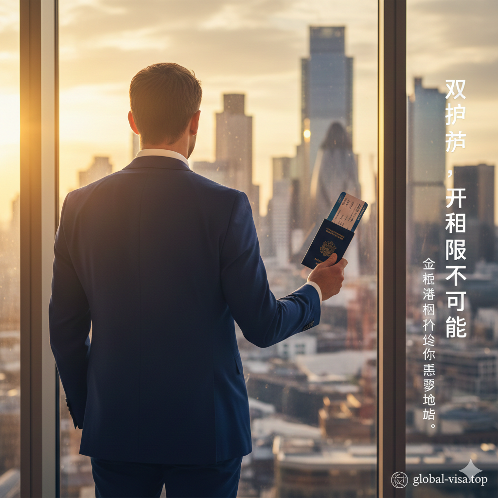 一张充满希望与成功感的总结性图片。画面描绘了一位穿着定制西装的成功人士站在落地窗前，俯瞰着繁华的国际都市天际线（如伦敦或纽约），手中自信地拿着一本护照和登机牌。夕阳的余晖洒在人物身上，营造出温暖而励志的氛围。构图强调人物的背影和手中的护照，象征着通过global-visa.top成功获得第二身份后开启的自由人生和无限可能。