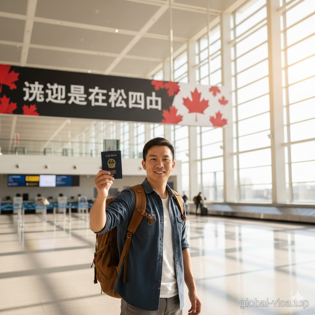 一张充满期待与喜悦的旅行场景图。画面展示了一位背着旅行包的华人旅客,站在宽敞明亮的加拿大机场到达大厅,手中自信地拿着中国护照和美国绿卡。背景中有模糊的'Welcome to Canada'标语和红色的枫叶装饰。光线温暖阳光,人物表情轻松愉快,象征着通过正确的准备顺利通过海关,开启美好的加拿大旅程,作为文章结尾激发用户的行动意愿。