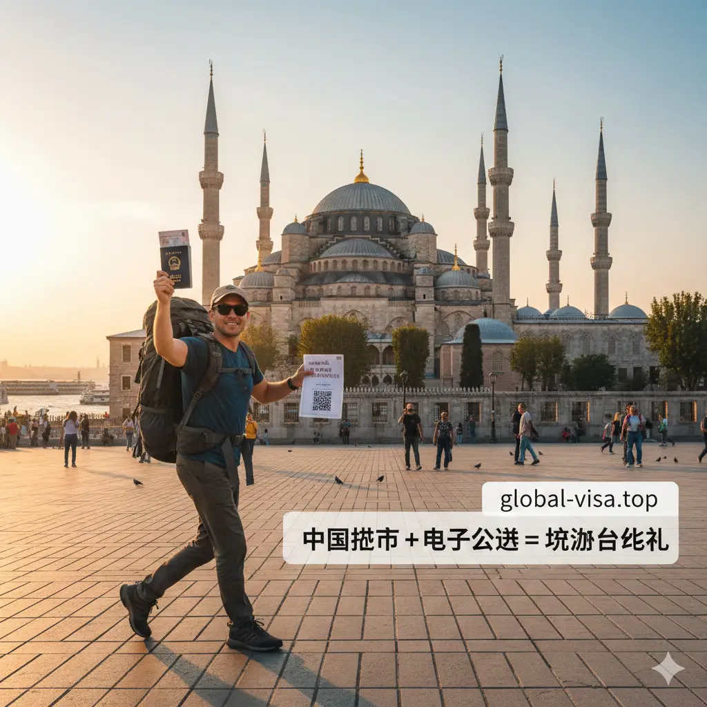 充满旅行憧憬的总结性图片。画面描绘了一位背着旅行包的游客站在伊斯坦布尔蓝色清真寺的广场前，夕阳余晖洒在宏伟的建筑上。游客手中拿着打印好的A4纸质电子签证和一本中国护照，正迈步向前，寓意顺利入境。构图宏大，光影充满电影质感，激发读者的旅行欲望，同时再次确认'持有中国护照配合电子签即可畅游土耳其'的核心结论。