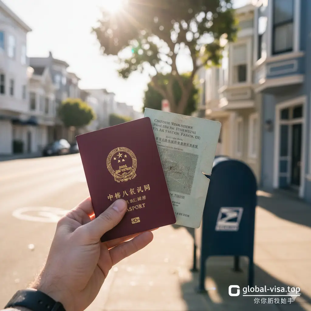 一张充满生活气息的总结性图片，展示护照办理成功的场景。画面前景是一双手拿着一本崭新的中国护照和一本被剪角的旧护照，背景是旧金山街道独特的维多利亚式建筑。