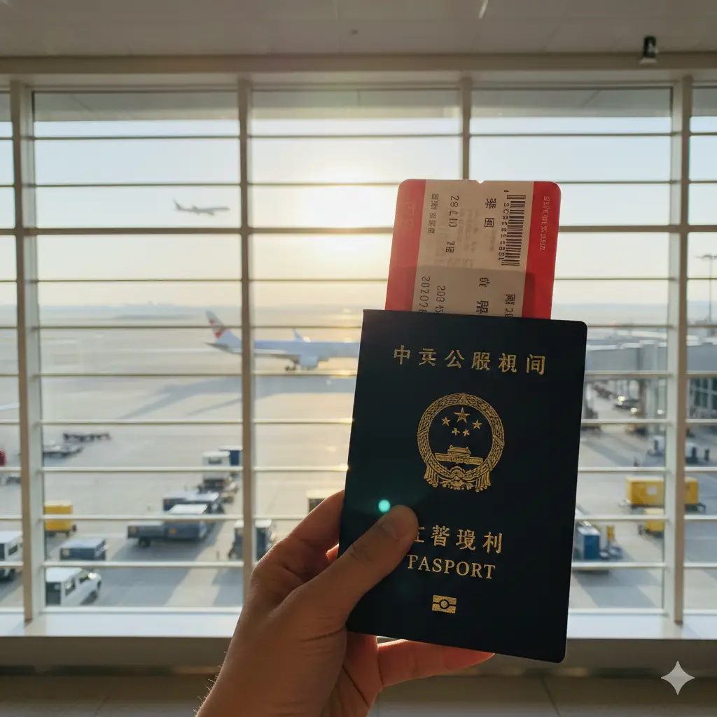 一张充满生活气息和希望的总结性图片。画面前景是一只手拿着一本崭新的中国护照，护照夹着一张飞往中国的登机牌。背景是模糊的美国国际机场航站楼落地窗，可以看到远处的飞机起飞。阳光洒在护照金色的国徽上，营造出温暖、顺利和期待回家的情绪。这张图象征着通过攻略成功完成更新，消除焦虑，准备开启新的旅程。