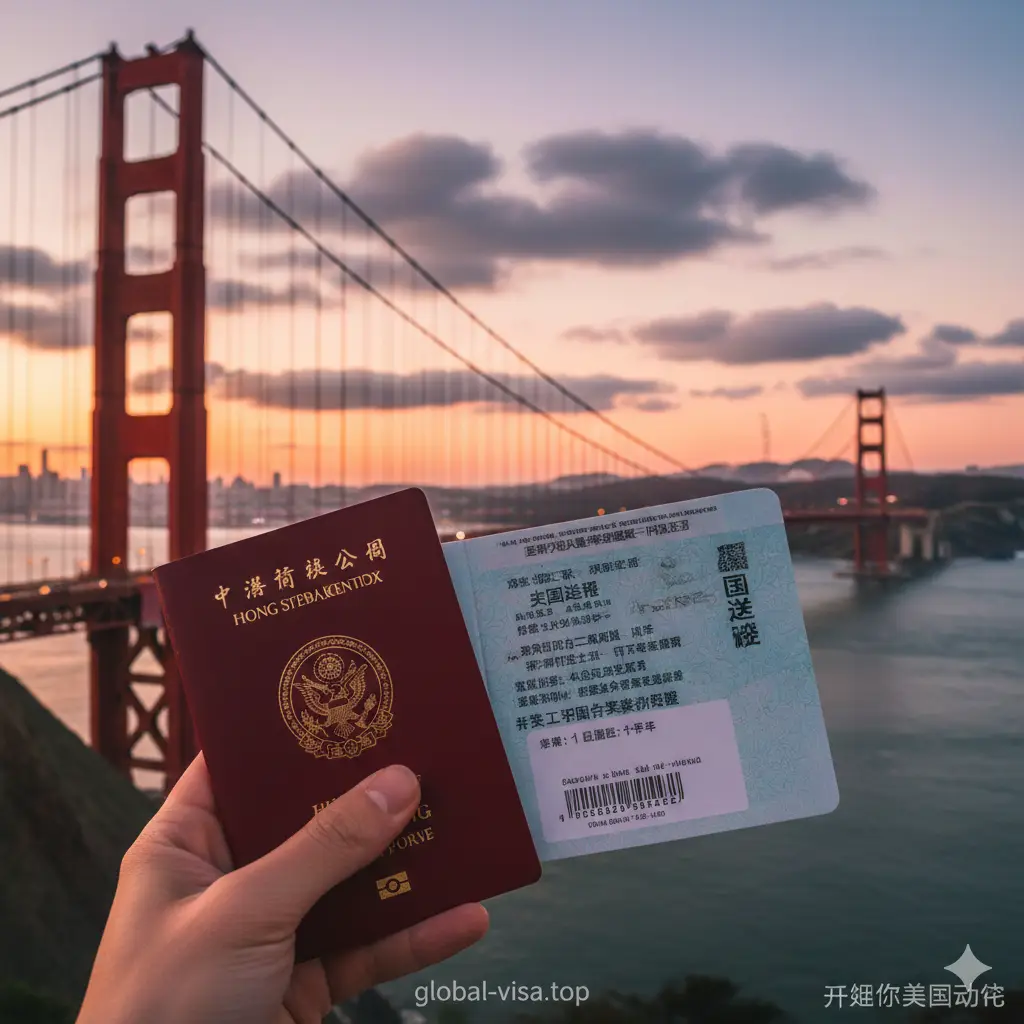 一张温馨且具有成就感的总结图片。近景特写一只手拿着贴有美国10年有效签证页的香港护照，背景是旧金山金门大桥的夕阳美景。光线柔和，色调充满希望与喜悦。寓意申请成功的最终目标，鼓励读者立即行动，开始他们的美国旅程。画面构图简洁，情感共鸣强烈。