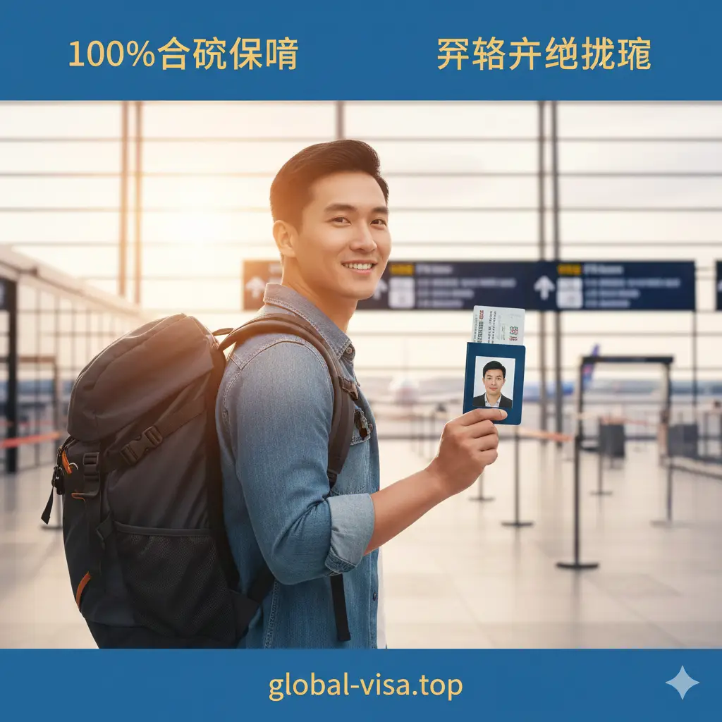 总结性视觉图片。画面中出现一个微笑的旅行者背着背包，手中拿着通过软件制作并打印出来的签证照片和护照，背景是模糊的机场登机口航站楼。图片上方叠印‘100%合规保障’和‘轻松开启旅程’的视觉标签。色调充满阳光和希望，构图开阔，传达出使用该软件后无忧旅行的最终美好结果。