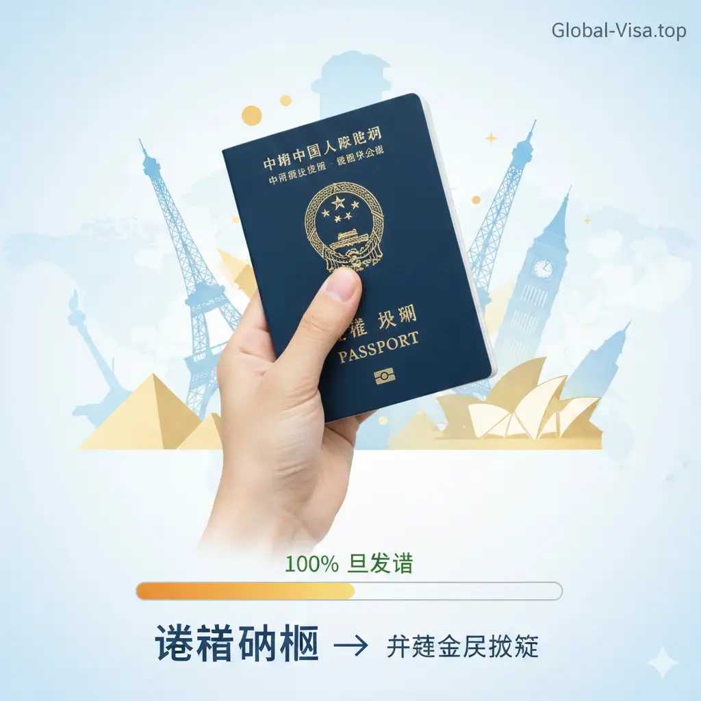 总结性愿景图，结合Global-Visa.top的品牌调性。画面中一只手拿着已经签发的护照，背景是全球标志性建筑（如埃菲尔铁塔、自由女神像）的淡雅剪影。画面下方展示了一个清晰的办证进度条已达到100%（已发证状态）。整体色彩明快、充满希望感，象征着查询结束后开启的全球精彩旅程，视觉重心引导至‘签证规划’的下一步行动。