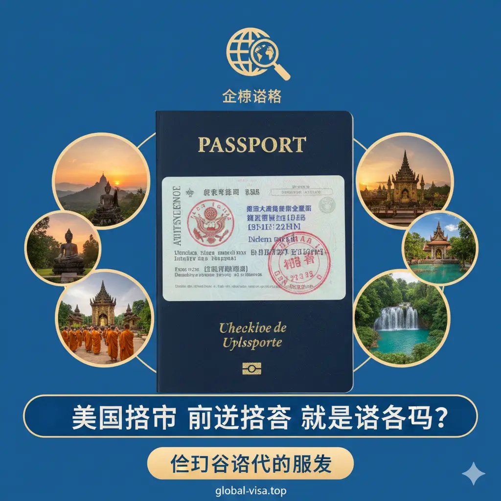 一张总结性质的服务展示图。中心位置是一张盖有老挝入境章的签证页，上方悬浮着global-visa.top的品牌标识。画面下方有明确的‘立即咨询’暗示感。