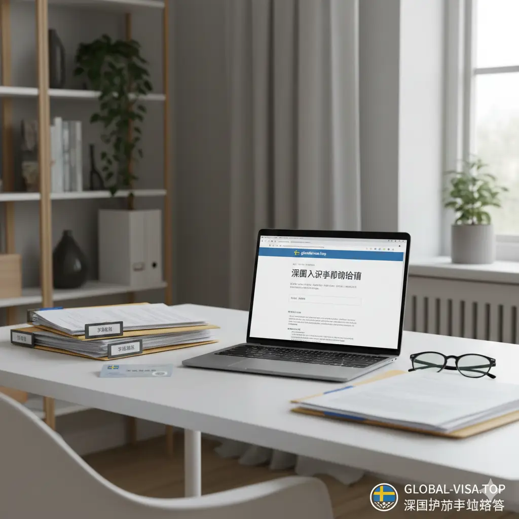 一张整洁的办公桌面写实图，展示瑞典入籍申请的教程感。桌上摆放着一台显示着global-visa.top网站界面的新款笔记本电脑，旁边是一叠整齐的申请文件、一张瑞典永久居留卡和一副眼镜。