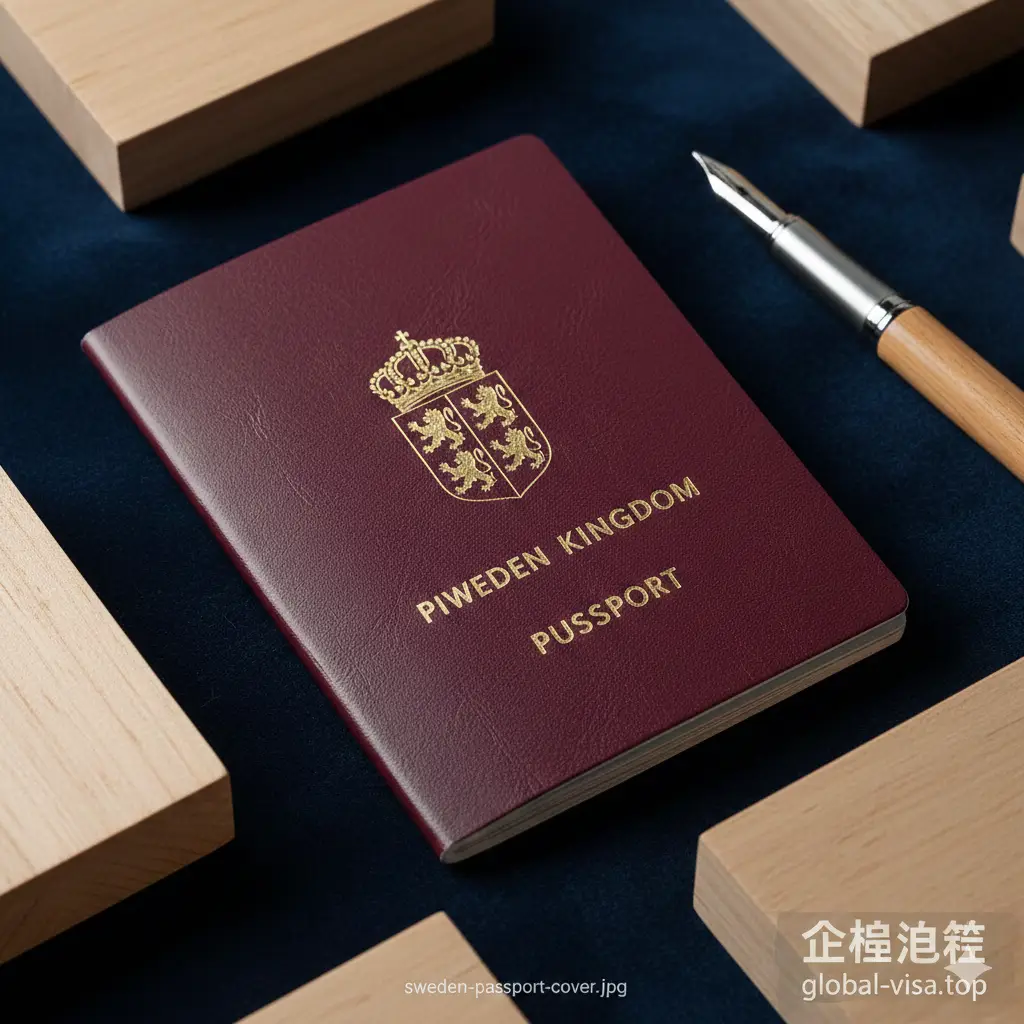 一张高清特写的瑞典护照封面图，深红色的皮革纹理封面上清晰显示着瑞典国徽和金色烫金文字。护照放置在极简主义风格的深蓝色丝绒背景上，周围点缀着象征斯堪的纳维亚风格的木质元素和一支高端钢笔。光影呈现高级感，光线从侧方柔和打入，强调质感，构图采用黄金分割法，整体色调温润且专业。