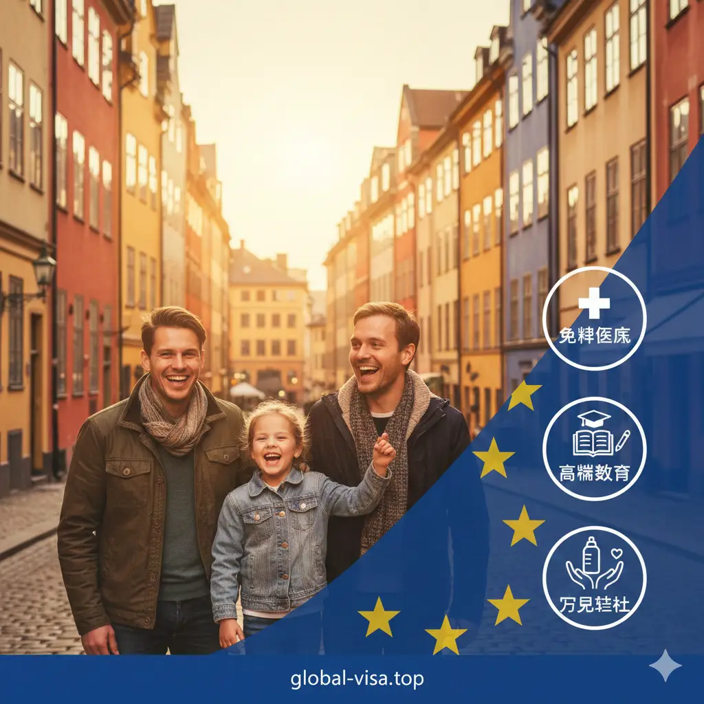 体现瑞典护照作为欧盟公民身份优势的创意图。画面展示了一家三口在瑞典标志性的斯德哥尔摩老城彩色建筑前欢笑，背景隐约可见欧盟旗帜。画面右侧通过图标展示免费医疗、高端教育和育儿津贴等福利符号。