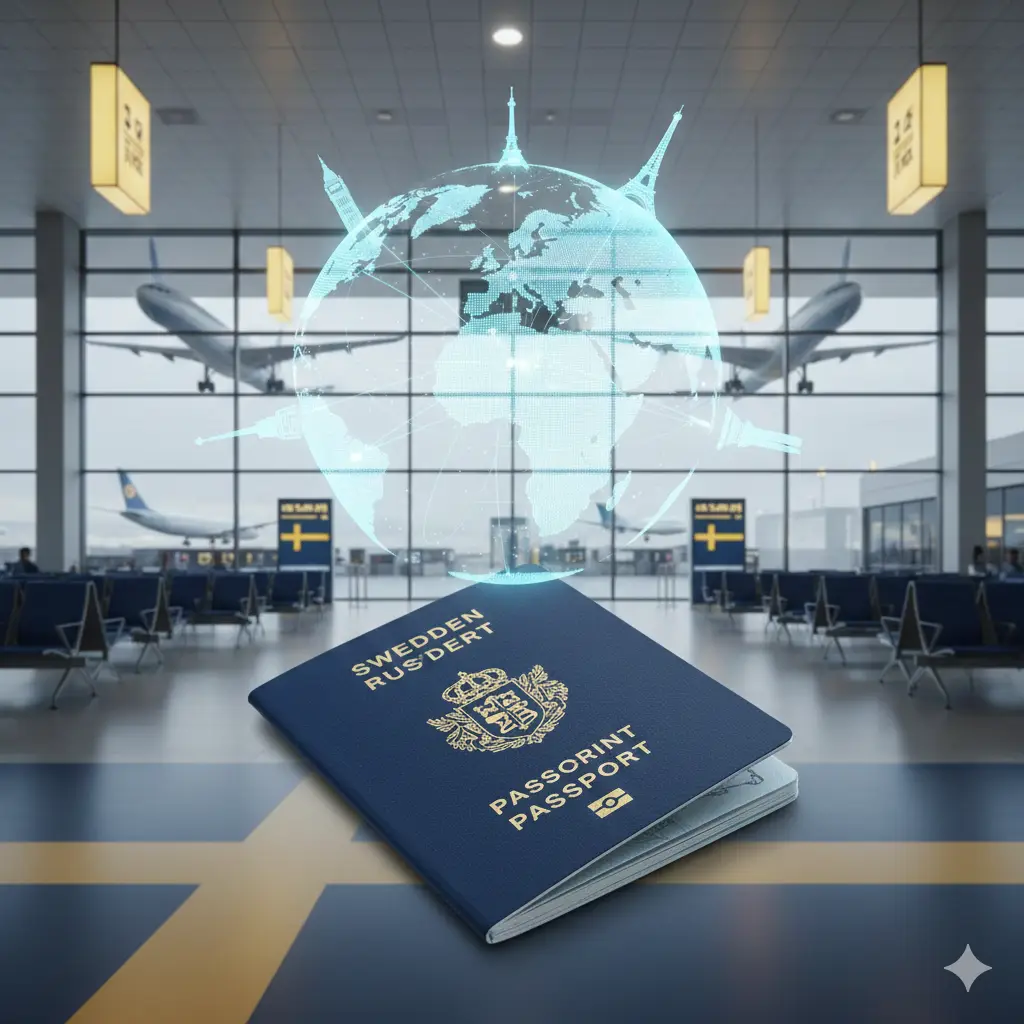 展示瑞典护照全球免签能力的视觉图。画面中心是半打开的瑞典护照，护照上方悬浮着淡蓝色的全息地球仪，地球仪上亮点连接着伦敦、东京、纽约和巴黎等全球地标建筑的剪影。背景为明亮的现代机场候机厅，色调以瑞典国旗的蓝色和黄色为主。构图宏大，体现出自由出行和国际化连接的高效与便捷。