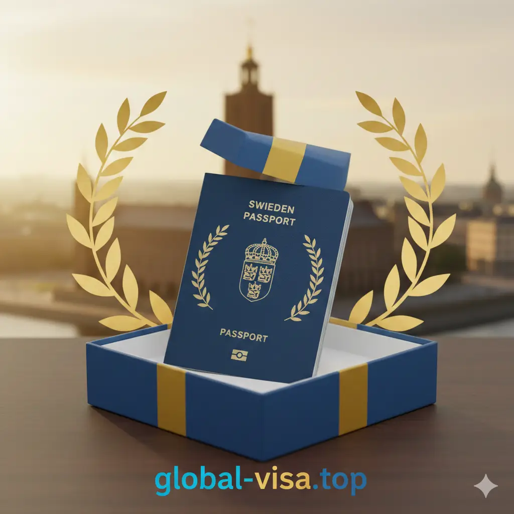 一张充满仪式感的总结性图片。画面中心是一个瑞典国旗色彩的精致礼盒，盒子里静静躺着一本瑞典护照，周围环绕着象征成功的金色橄榄枝剪影。背景是斯德哥尔摩市政厅的远景轮廓。