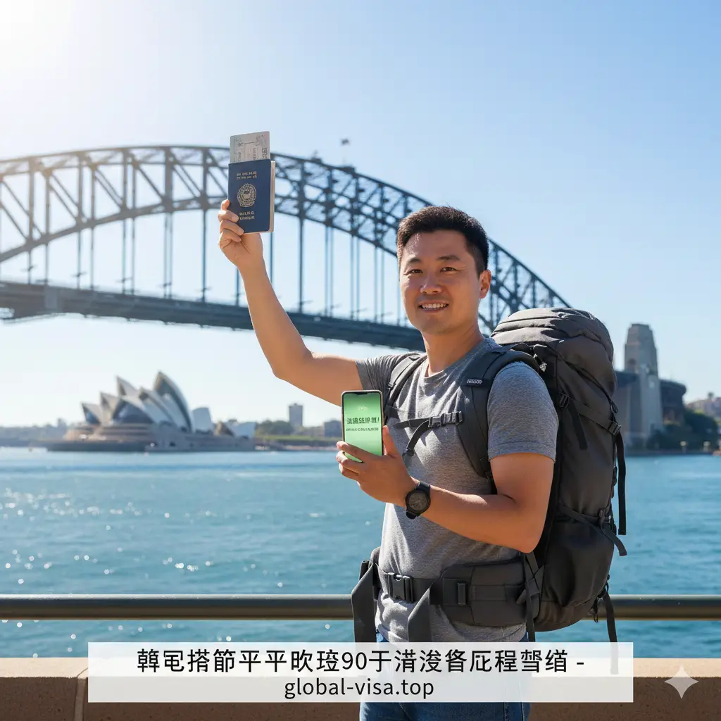 一张充满活力的旅行生活照风格图片，用于文章总结。画面展示一名亚洲面孔的游客背着背包，站在阳光明媚的澳洲城市地标前（如墨尔本弗林德斯街车站或悉尼海港大桥）。游客手中拿着护照和手机，手机屏幕显示绿色的'Granted'（已批准）通知界面。阳光洒在人物身上，色彩饱和度高，传递出签证顺利获批后开启澳洲90天自由行的喜悦与自由感。