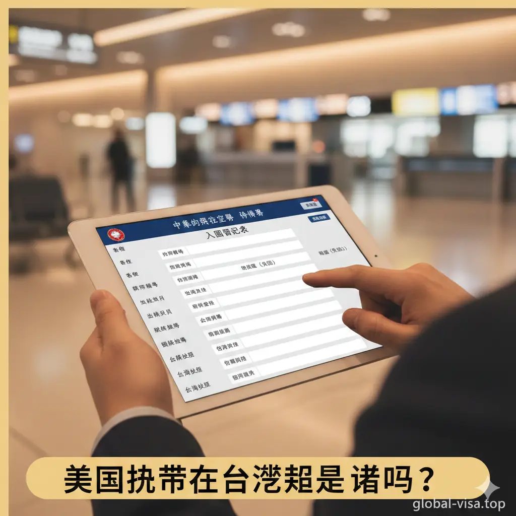一张充满教学指导意义的实景操作图片。画面展示一个手持平板电脑或智能手机的人，屏幕上正显示着台湾内政部移民署的在线‘入国登记表’填写界面。背景是柔和的机场候机厅灯光，环境整洁专业。构图聚焦在手部动作和屏幕信息上，色彩温暖自然，旨在通过手把手的视觉引导消除旅客对填写表格的畏难情绪，体现服务的细致周到。