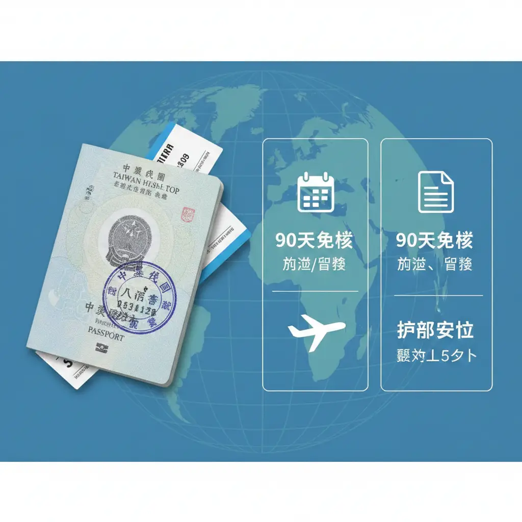 一张展示功能与政策细节的图片，画面采用分屏或信息图表风格。左侧展示一张盖有台湾入境章的护照内页，右侧以矢量图标形式展示‘90天免签’、‘旅游商务’、‘护照有效期’等核心要素。色彩采用全球化签证服务常用的蓝色与绿色调，构图整齐有序，元素包含日历图标、飞机起飞剪影以及清晰的文档符号，视觉上直观地传达政策的便捷性。