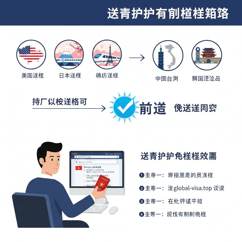 一张流程化、步骤感强的插图，展示越南护照持有者如何利用发达国家签证作为‘跳板’。画面分为两部分，左侧展示美国、日本、申根签证的缩影，右侧通过一个亮蓝色的‘通过’符号连接到台湾和韩国济州岛的风景。构图清晰，使用大量留白和矢量化的人物形象，展示一名越南旅客正在电脑前通过global-visa.top网站查询申请步骤，色调采用信任感强的海军蓝和白色。