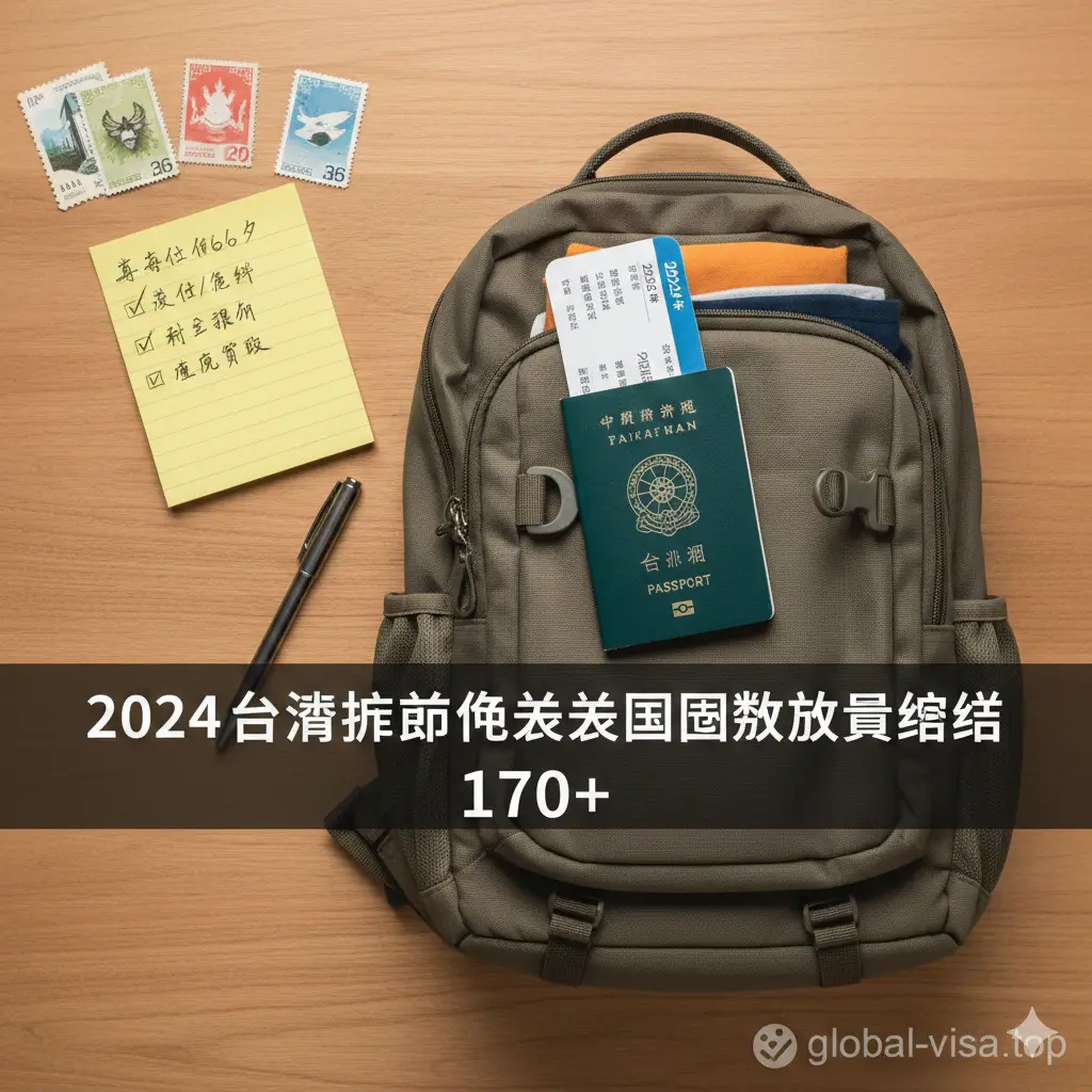 文章总结图片。画面展示一个整理好的旅行包,旁边放着台湾护照、登机牌和一张写有‘Checklist’的便签纸。便签上勾选了‘有效期6个月’、‘回程机票’等关键词。背景是温馨的木质桌面,色调温暖舒适。右下角带有global-visa.top的品牌水印。构图采用俯视视角(Flat Lay),给人一种行程规划圆满完成的安心感和归属感。