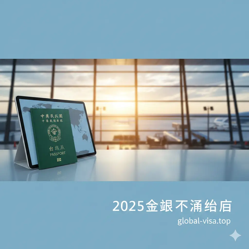 一张极具现代感的封面图。画面中心是一本深绿色的台湾护照，封面上‘TAIWAN’字样清晰可见，护照斜靠在轻薄的平板电脑旁。背景是模糊的国际机场航站楼，阳光透过巨大的玻璃幕墙洒下温暖的金色光芒。整体色调偏向清新明亮的蓝色与暖金色，构图采用大气的全景视角，并在右侧留白方便添加‘2025全球通行指南’标题，展示出高端旅游与自由出行的视觉氛围。