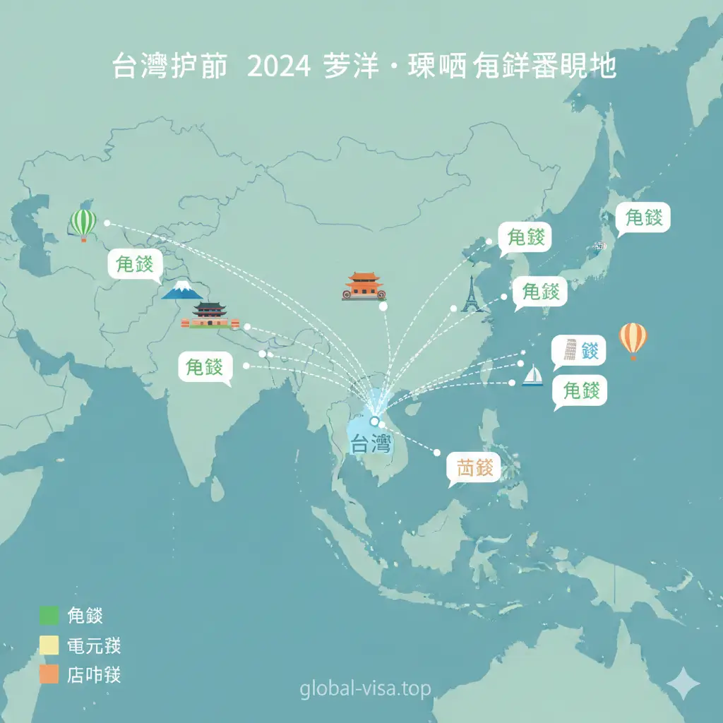 一张扁平化风格的地理信息图,地图上高亮显示台湾护照的热门免签目的地,如日本、韩国、泰国以及欧洲申根区。使用不同的颜色标记出‘免签’、‘电子签’和‘落地签’的国家。画面中包含标志性建筑图标(如富士山、埃菲尔铁塔),并辅以飞机航线连接台湾与这些地点。色彩清新,采用蓝色和绿色调,直观展示亚洲与欧洲的旅行便利性。