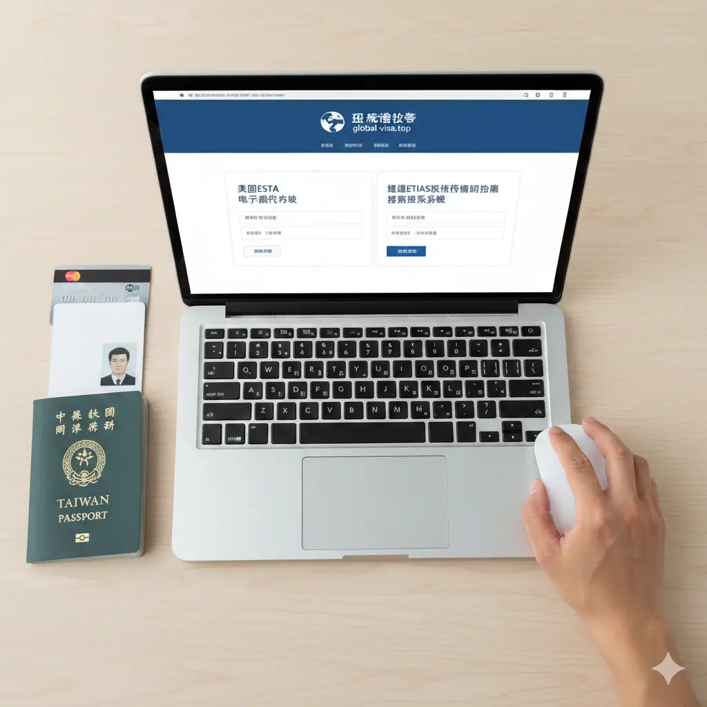 一张侧重流程引导的教程图片。画面展示一只手正在笔记本电脑上操作在线申请页面，屏幕上清晰显示着ESTA与ETIAS的申请表格界面。旁边整齐摆放着台湾护照、白底护照证件照以及一张信用卡。采用俯视拍摄角度（Flat Lay），光线均匀且柔和，风格极简且专业。通过这种写实的场景模拟，向用户传达办理电子签证流程的简便性与global-visa.top的专业辅助指导。