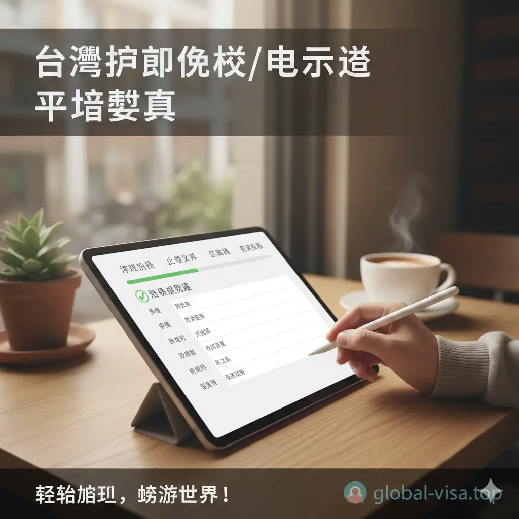 针对台湾护照申请ESTA或电子签的教程风格图片。画面展示一个手部正在平板电脑上操作申请表格的近景，屏幕上模糊显示着申请表单的轮廓。背景是舒适的咖啡馆一角，光线柔和自然。图片中加入醒目的进度条元素和核查清单符号，暗示申请流程的简易性与规范化，色彩温暖，给用户一种安心的操作引导感。