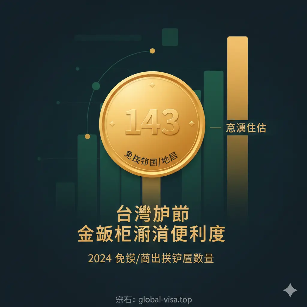 一张商业分析风格的概念图,视觉化展示台湾护照的‘含金量’。画面中心是一个金色的盾牌或奖章,上面印有数字‘143’(代表免签国家数量),背景是抽象的数据柱状图,对比展示不同护照的通行便利度,暗示台湾护照在发达国家的准入优势。整体色调采用深金与墨绿搭配,传达出权威、尊贵和高流动性的视觉感受。
