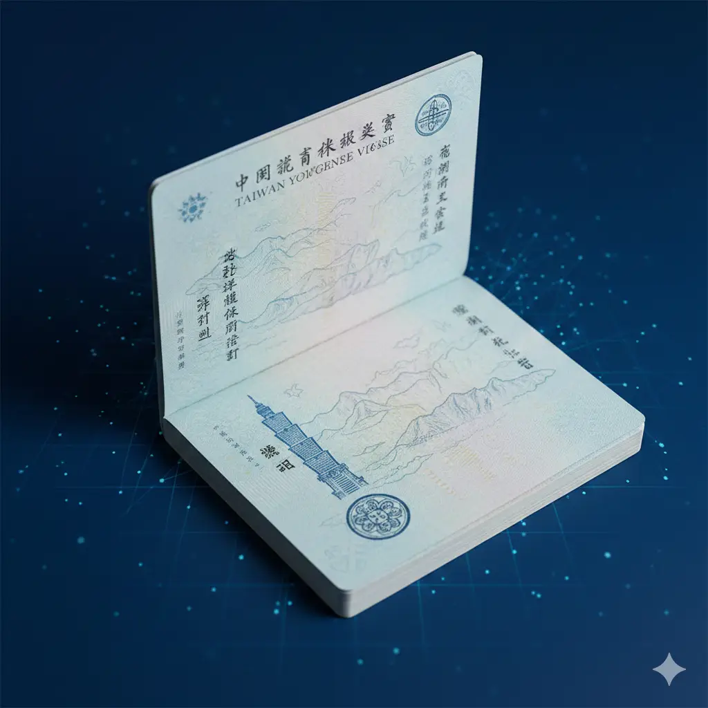 一张高质量且具有专业感的封面图。画面中心是一个微微翻开的台湾护照，清晰展示内部精美的内页底纹，包括台北101和云雾缭绕的阿里山图案。背景采用简洁的商务深蓝色调，点缀着微弱的数字化光点，象征着全球签证服务的专业性。构图采用俯视45度角，光线柔和地打在纸张边缘，突出纸张的质感与防伪水印的半透明感，整体风格大气、权威且极具视觉吸引力。