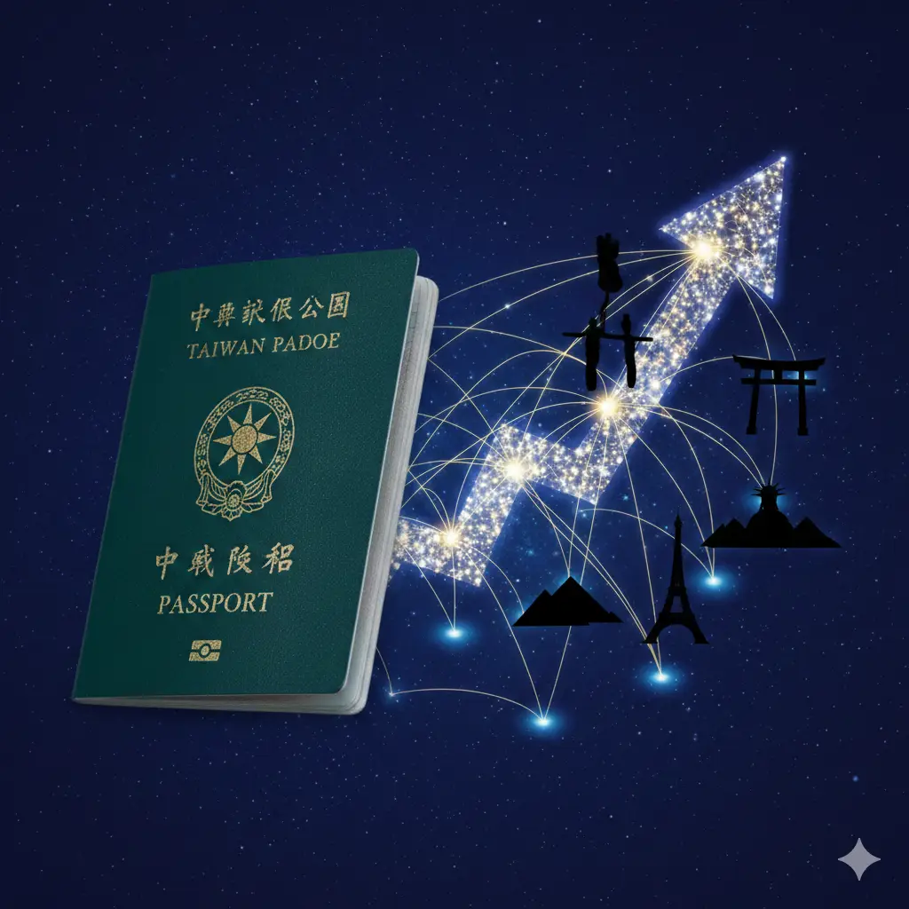 展示台湾护照全球排名优势的视觉图。画面采用对比构图，左侧是台湾护照，右侧是象征全球通行自由度的上升箭头与多个著名地标（如埃菲尔铁塔、日本鸟居、美国自由女神像）的剪影。背景使用深蓝色的星空图感，点缀着发光的连接航线，强调护照的高含金量与广泛的国际认可度，视觉冲击力强。